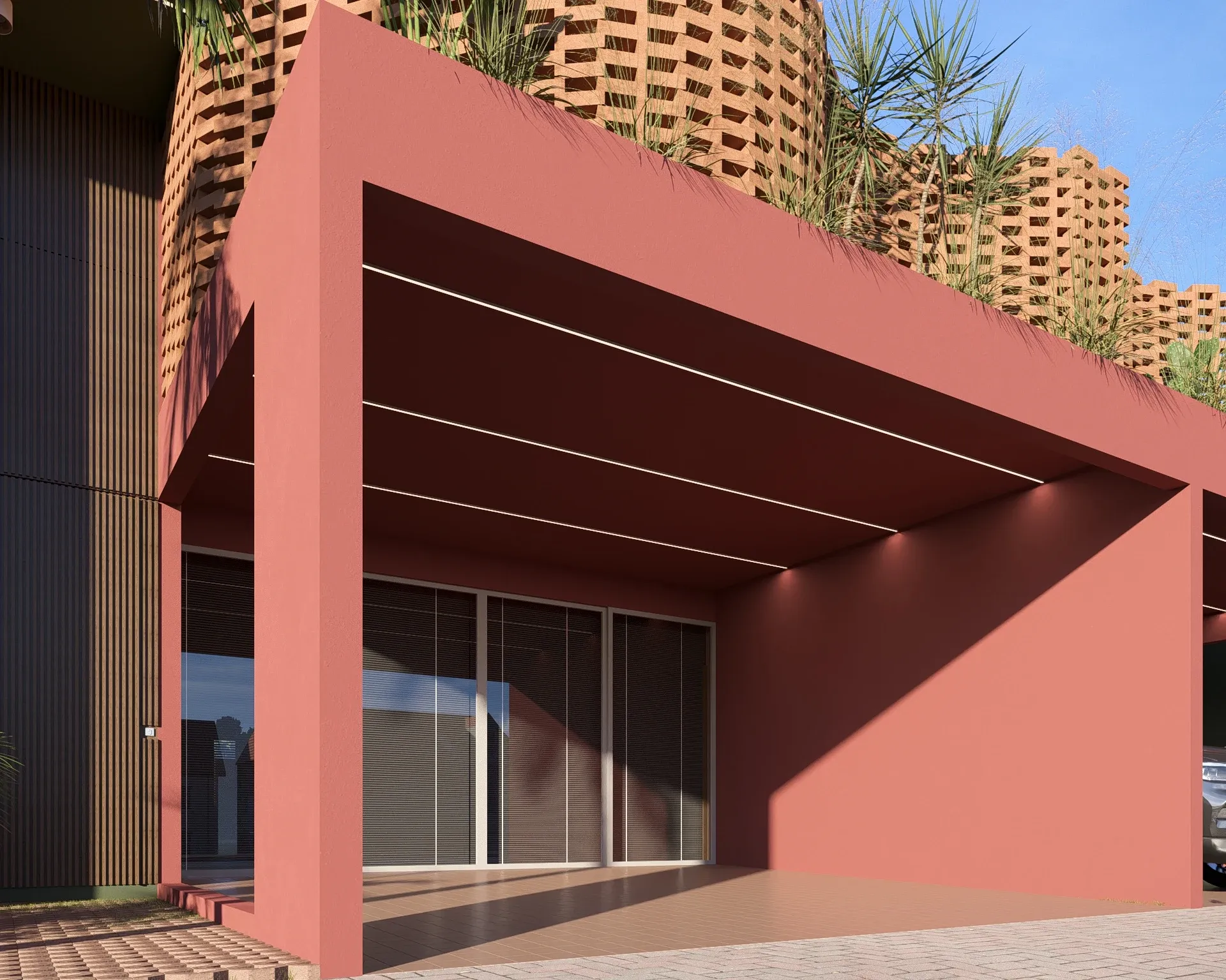Fachada contemporânea das casas geminadas com garagem sombreada por pérgola metálica e paisagismo