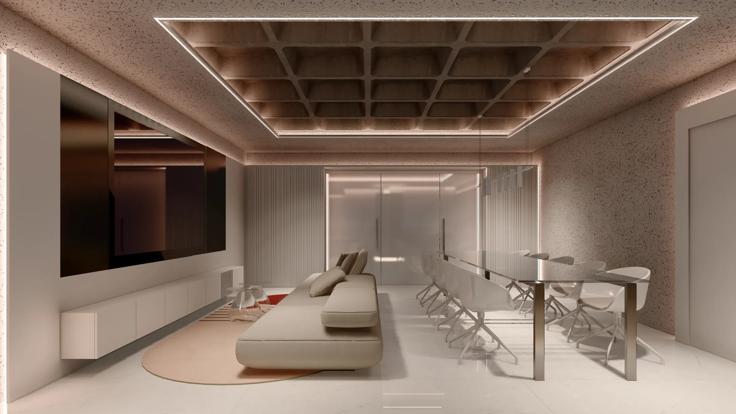 Sala de estar e jantar do Apartamento Graças com painéis ripados e iluminação acolhedora