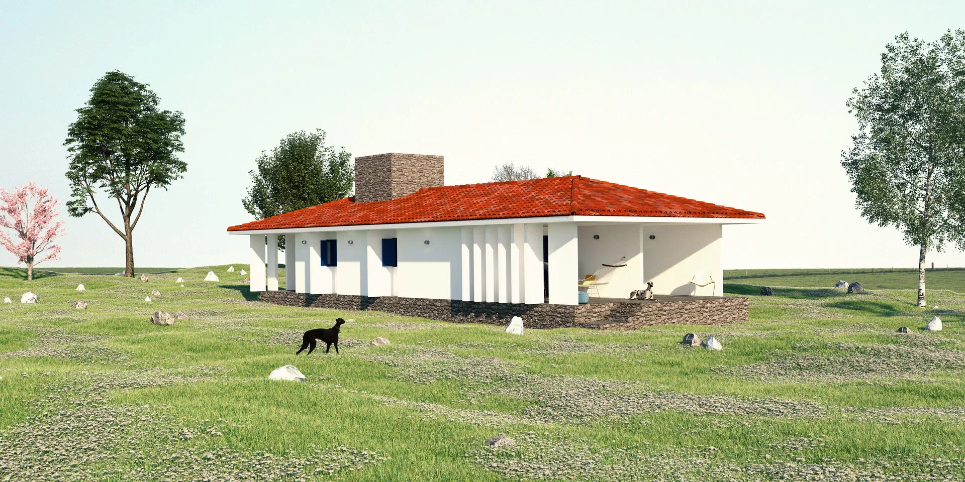 Perspectiva paisagística da Casa em Bonito implantada no campo com telhado cerâmico vermelho, chaminé em pedra rústica e varanda perimetral sob céu aberto
