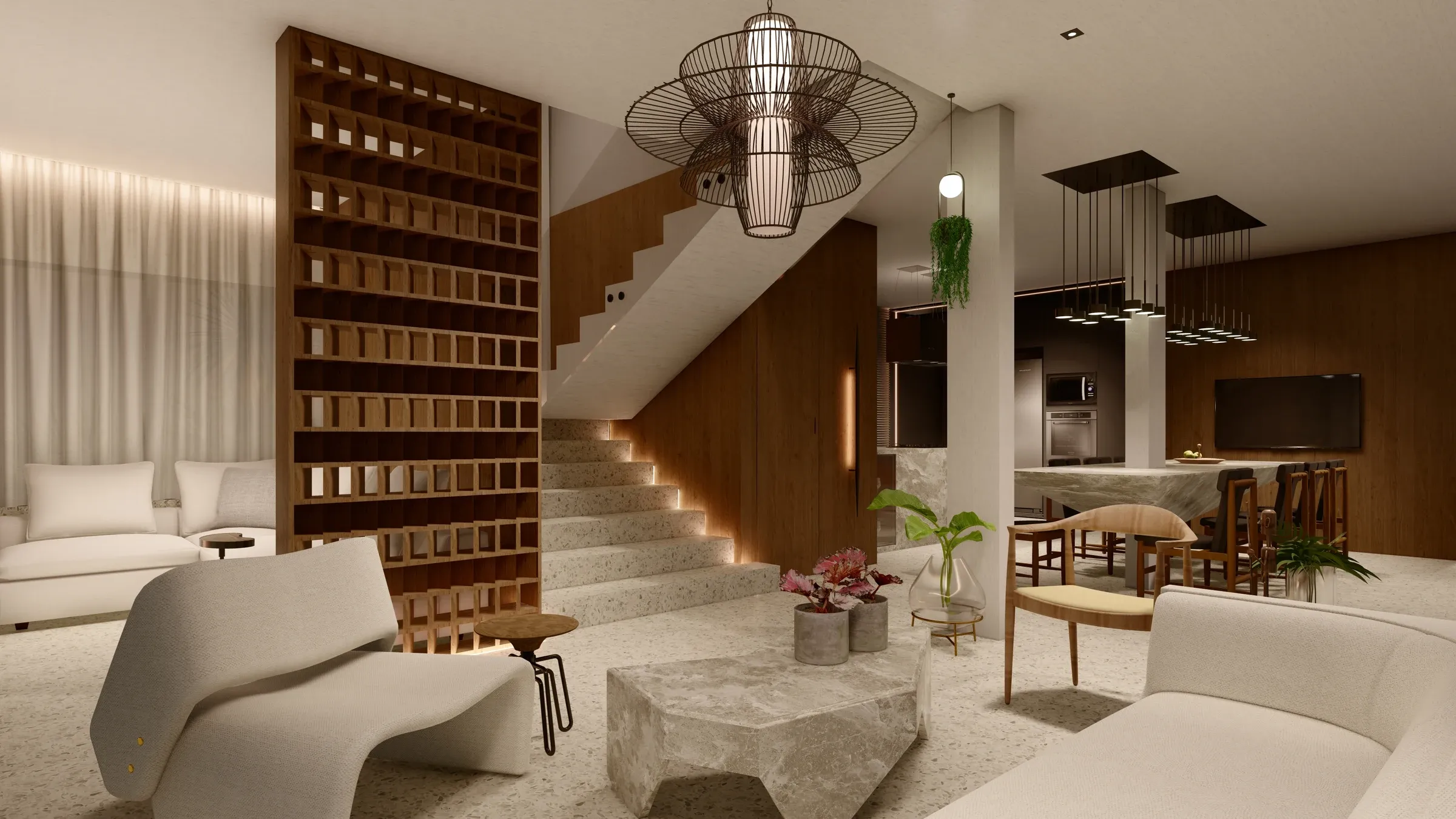 Living integrado com escada flutuante em granilite claro iluminada por fitas de LED, divisória vazada em madeira natural e mesa de centro orgânica em mármore
