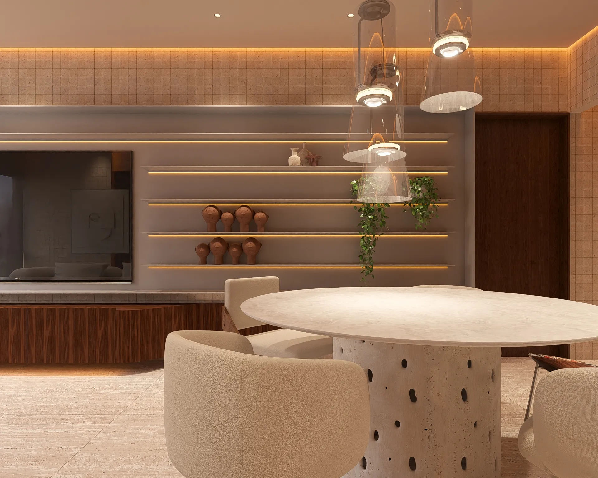 Sala de estar e jantar integradas com paleta quente e materiais naturais
