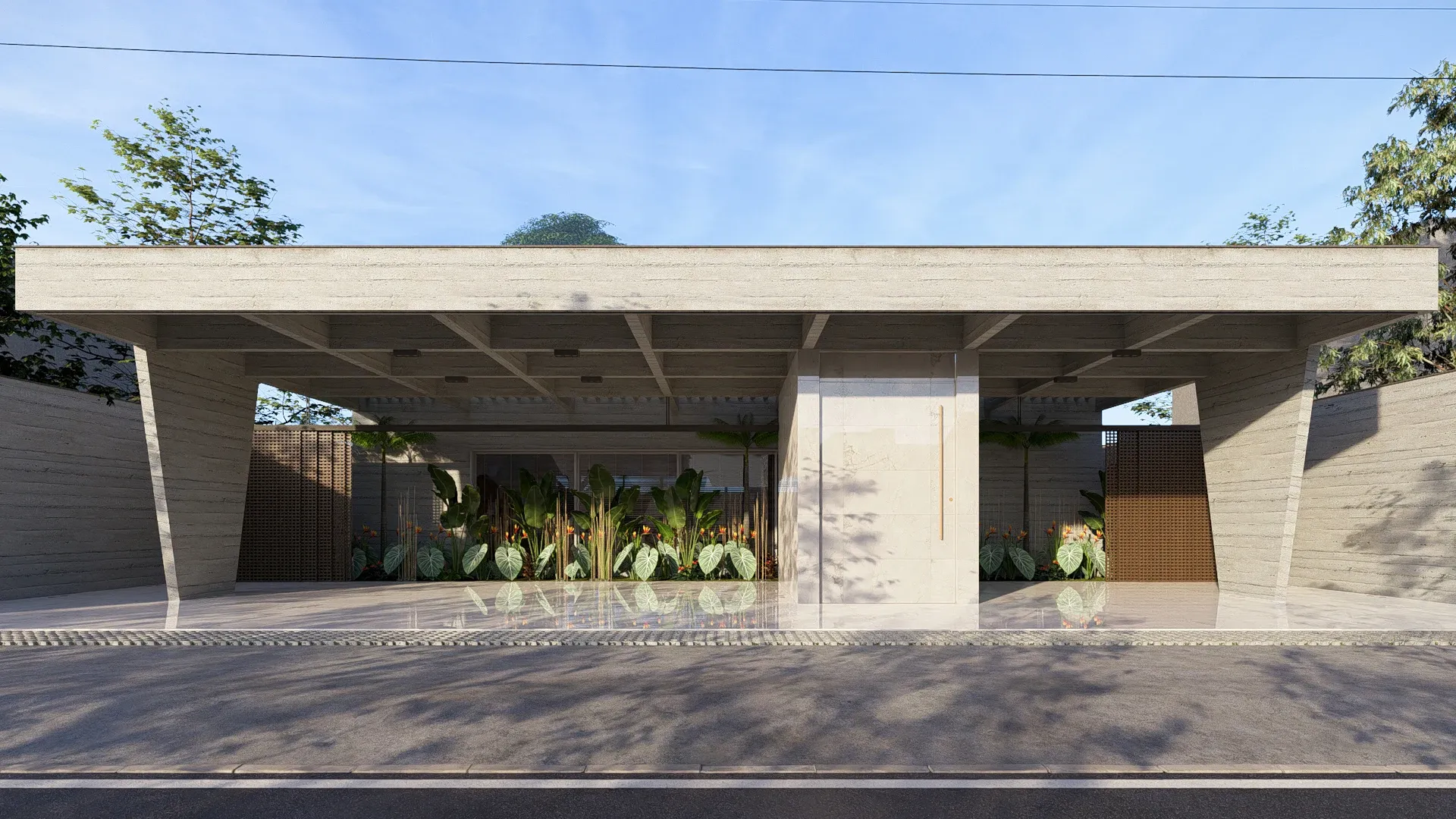 Perspectiva da fachada ao pôr do sol com iluminação cênica nos planos de concreto