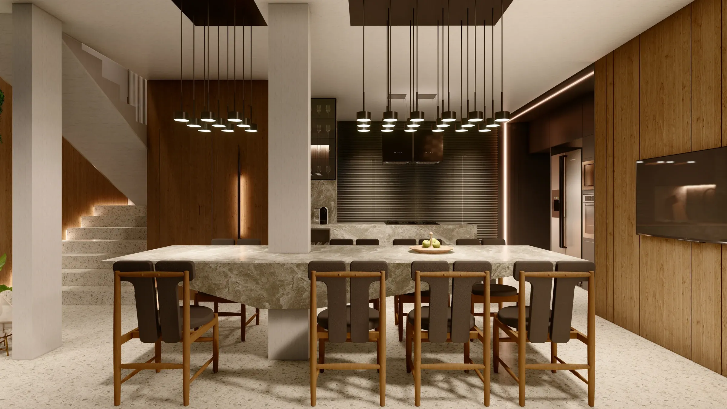 Mesa de jantar escultural em mármore para 10 pessoas engastada na coluna de concreto, sob duplo lustre pendente com focos cilíndricos pretos