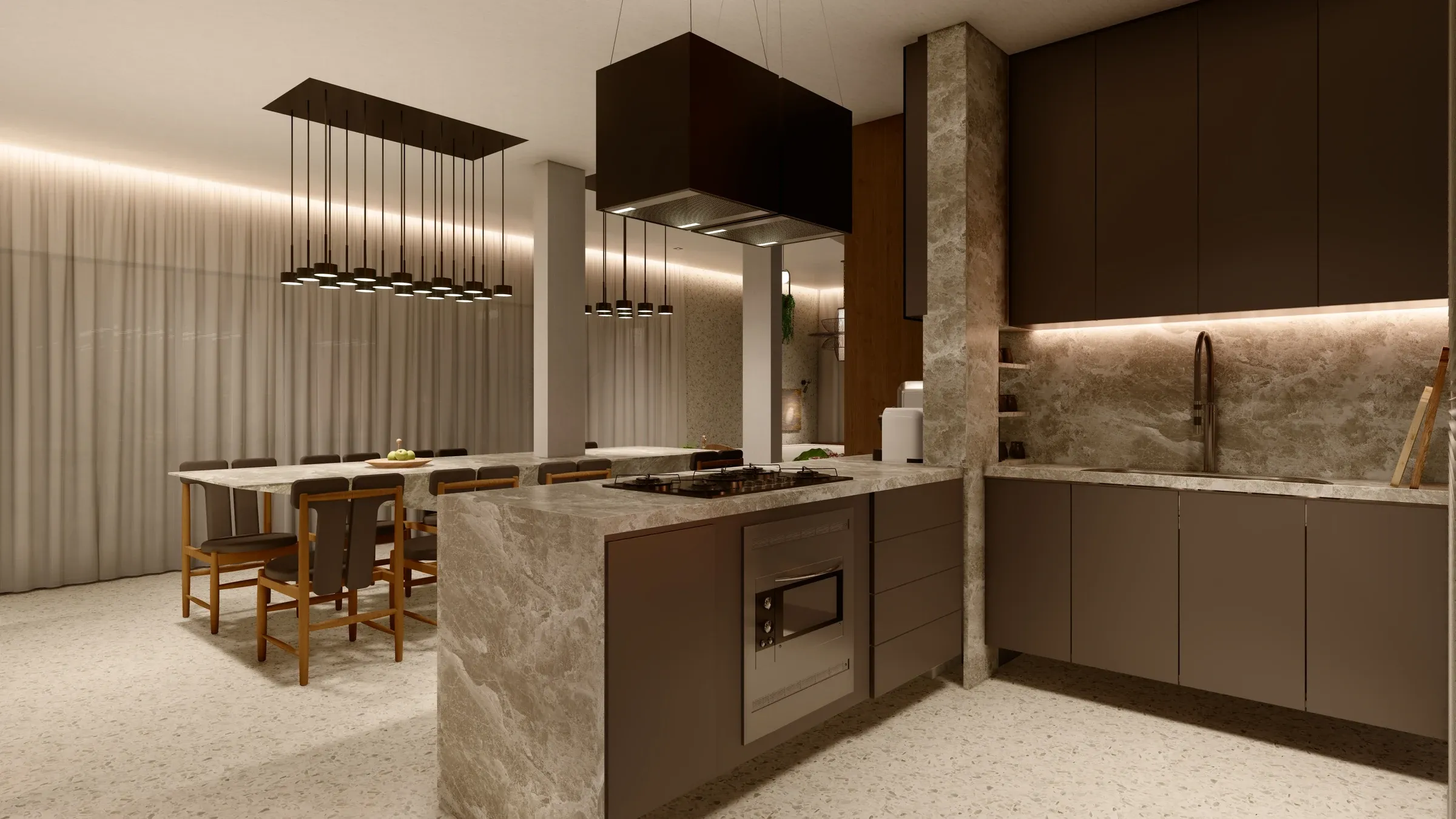 Cozinha gourmet contemporânea com ilha de cocção em mármore, coifa central preta, marcenaria em laca grafite e piso contínuo em granilite