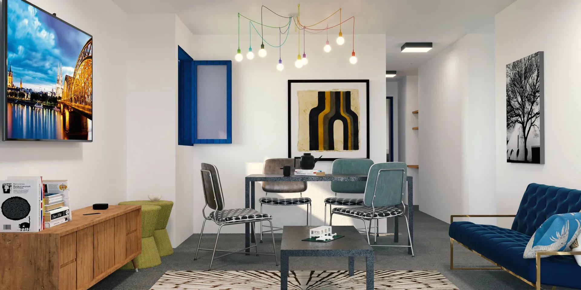 Sala de estar e jantar com luminária pendente tipo aranha colorida, mesa com estrutura metálica, daybed em veludo azul e telas de arte abstrata