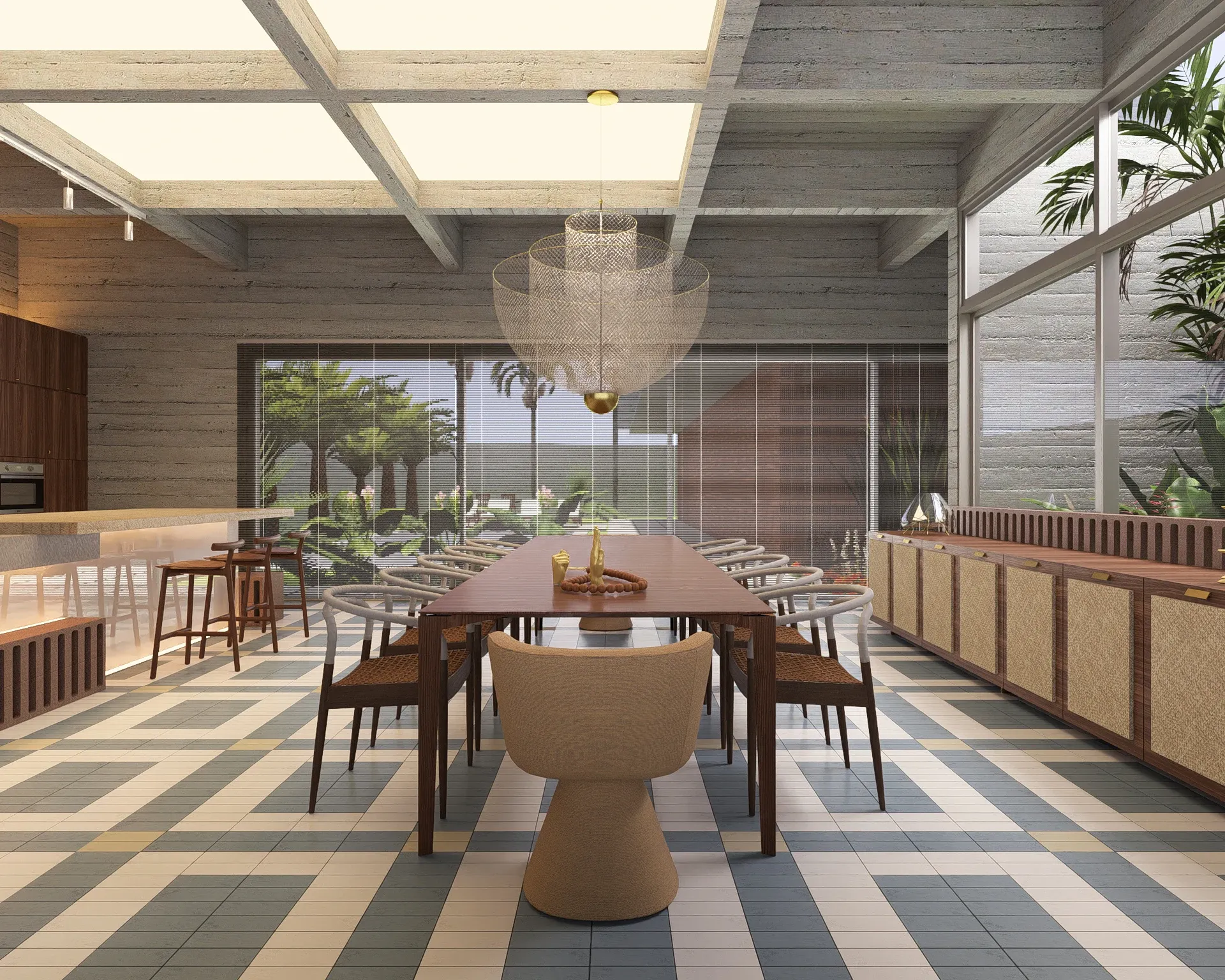 Cozinha integrada com bancada central e vista para o pátio interno