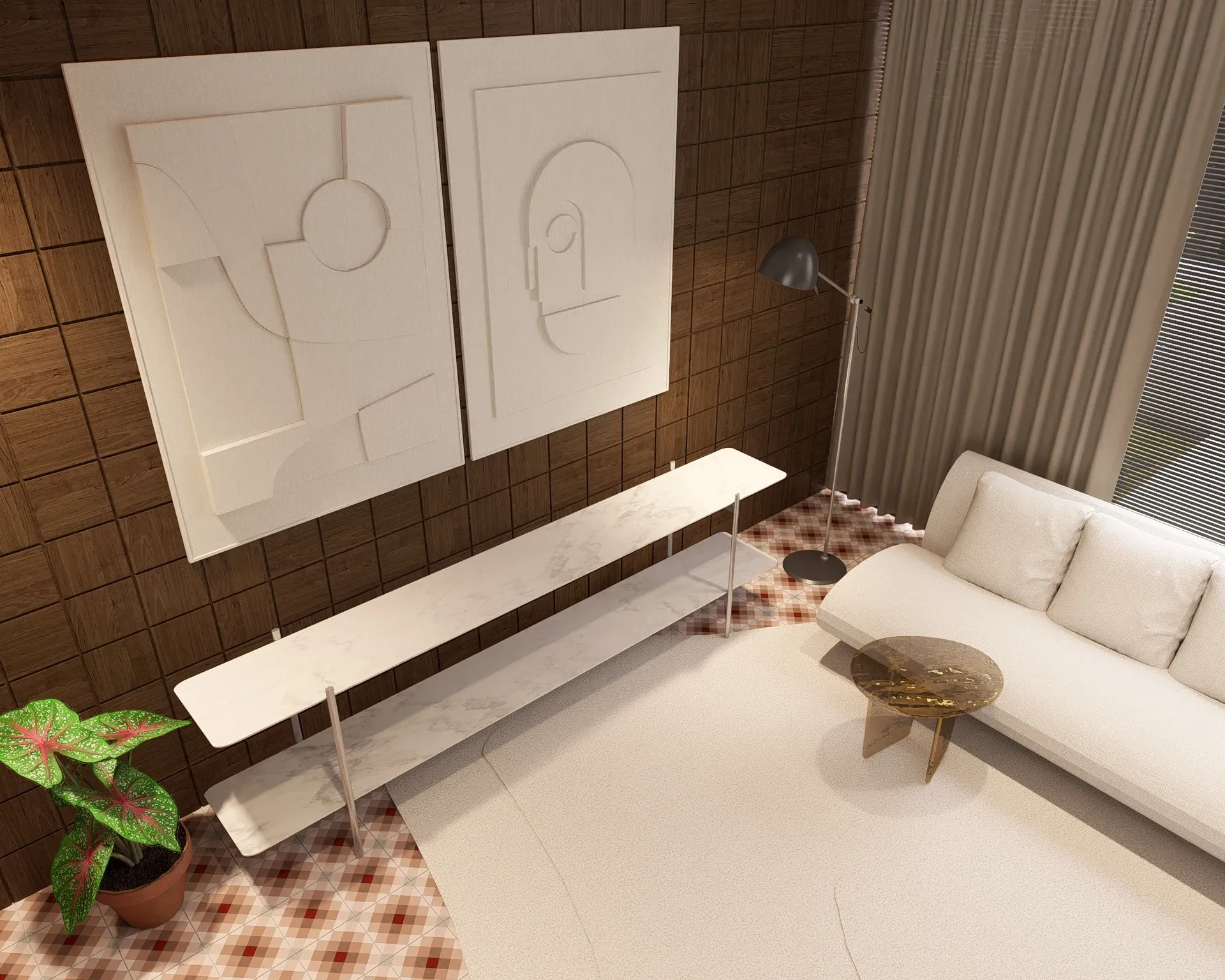 Vista superior do living com parede em painéis de madeira escura texturizada, quadros esculturais em relevo tridimensional, aparador em mármore branco e sofá claro