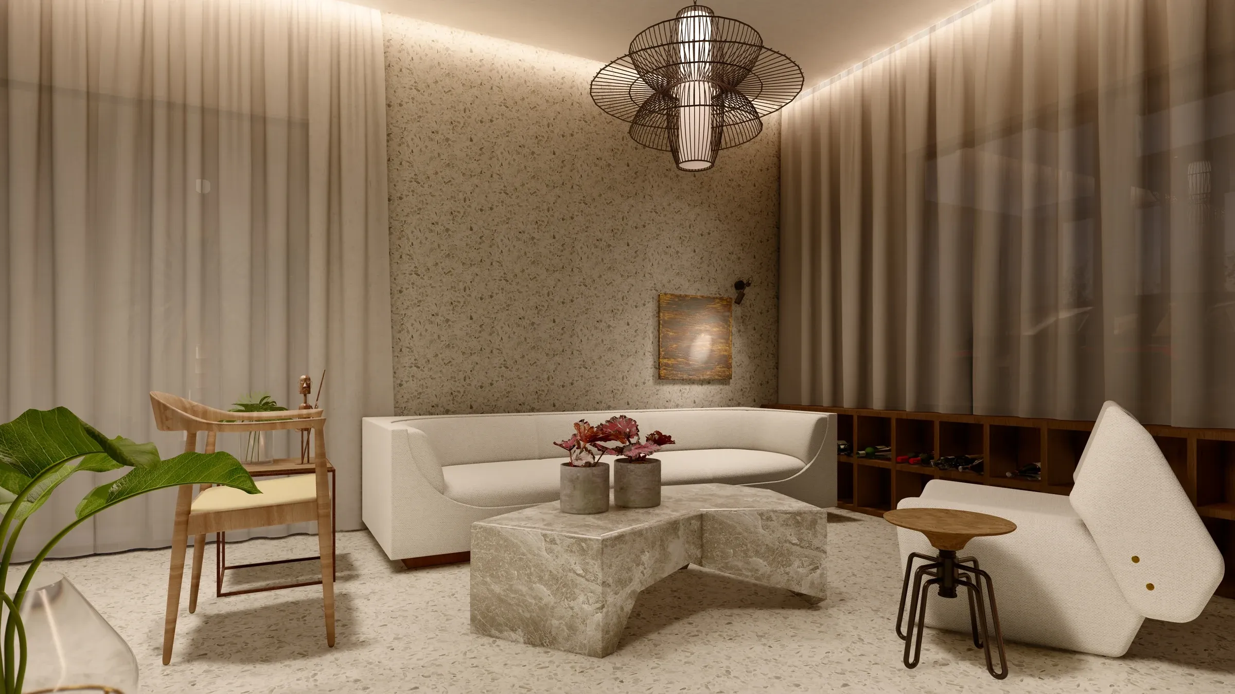 Sala de estar com sofá curvo estofado em linho cru, parede com revestimento mineral em granilite iluminada por sanca indireta e adega baixa