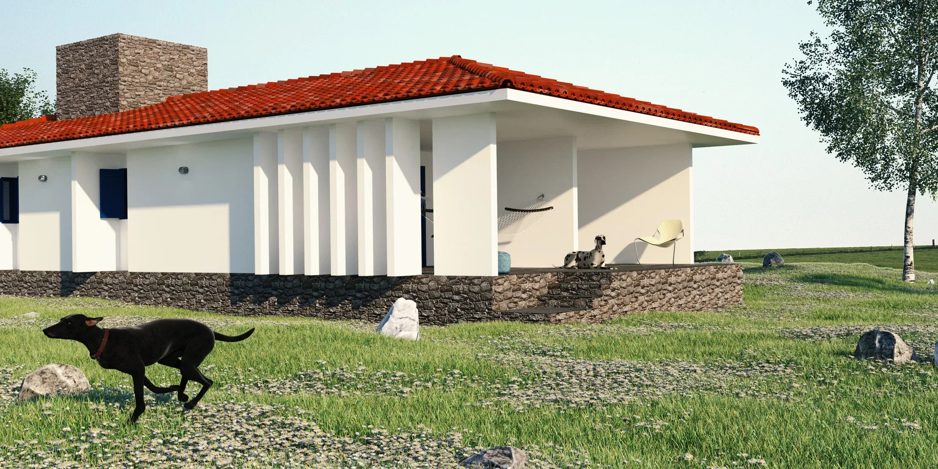 Perspectiva da circulação externa com colunas brancas verticais e piso em pedra sob luz natural da manhã no Agreste