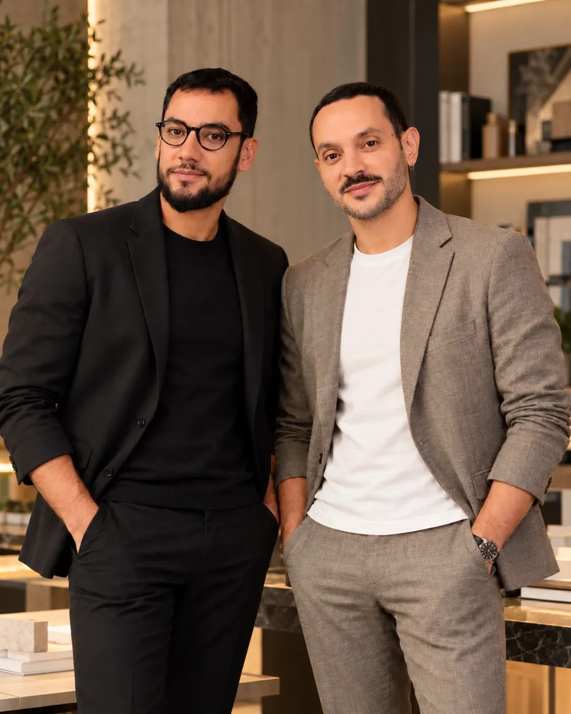 Sílvio Melo Jr., à esquerda, e Bruno Ícaro, à direita — sócios-fundadores do Trópikos Arquitetos, lado a lado no estúdio