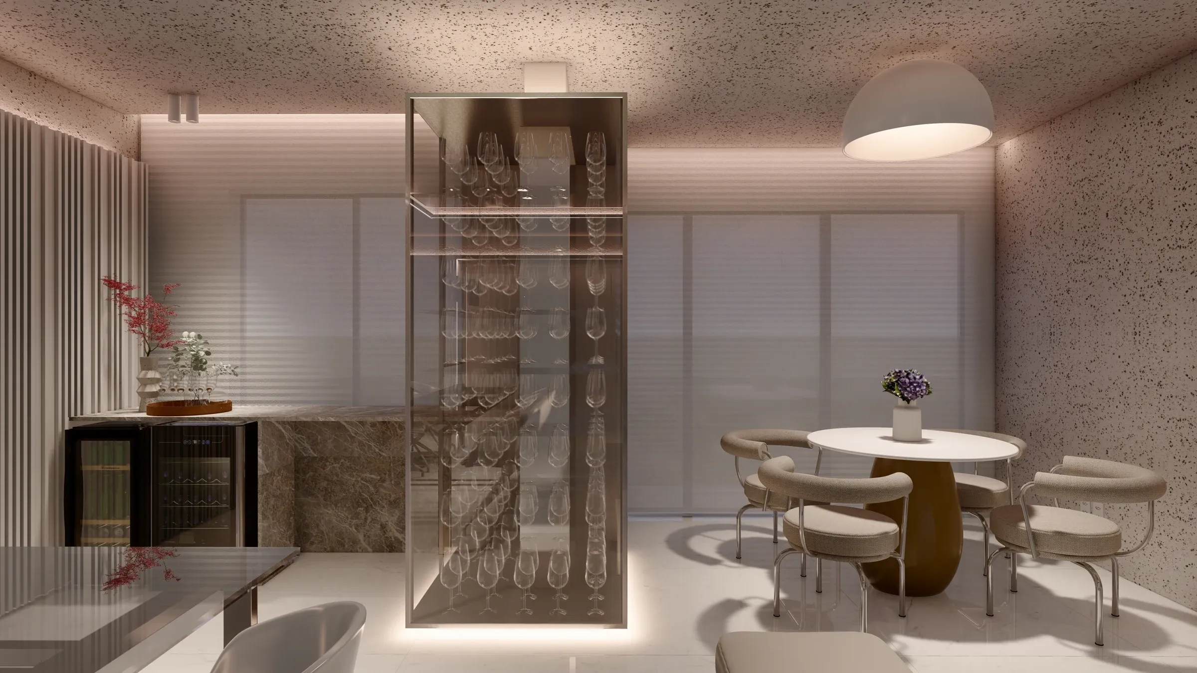 Cristaleira e torre de vinhos piso-teto em vidro bronze iluminada, bancada gourmet com adega embutida e copa com mesa redonda e luminária pendente cúpula
