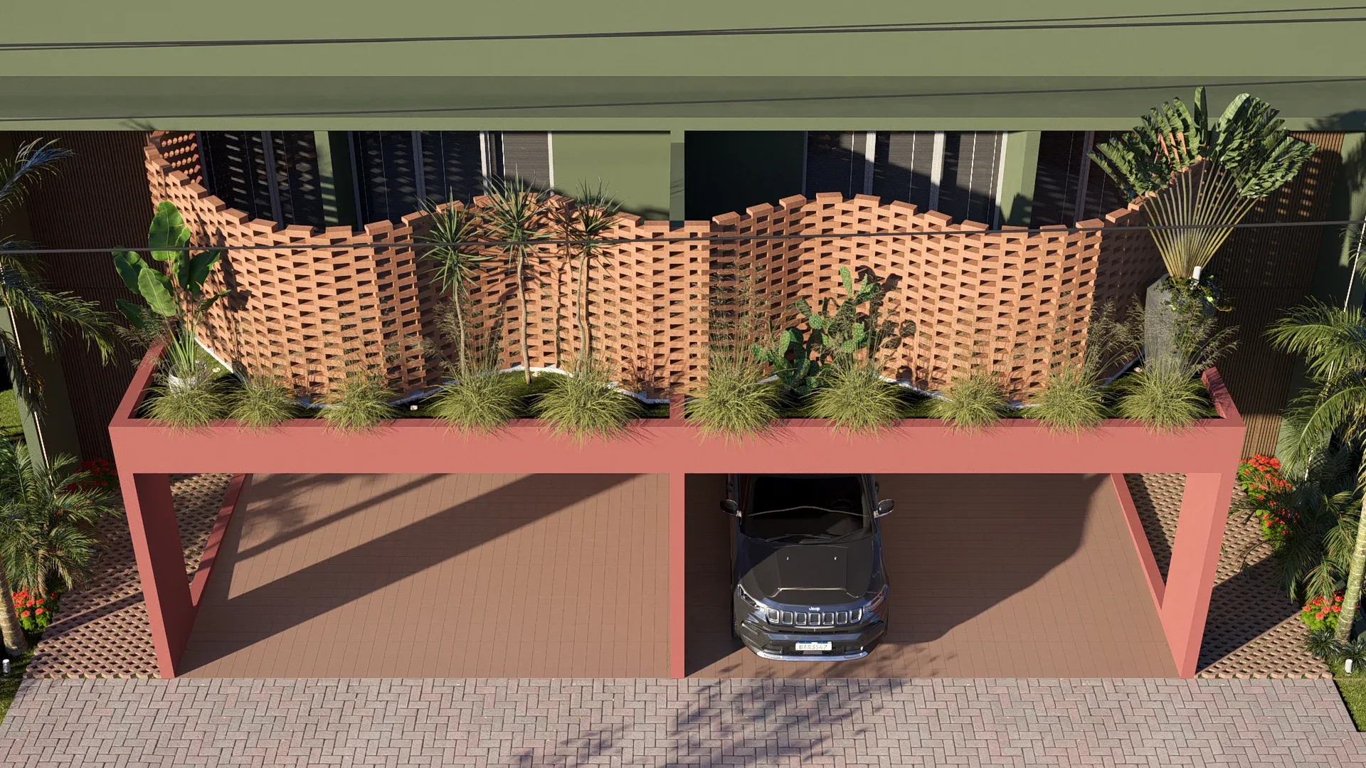 Vista aérea frontal completa das duas unidades geminadas, revelando a continuidade do pórtico terracota e o parapeito sinuoso contínuo em cobogó de tijolo vazado com canteiro linear