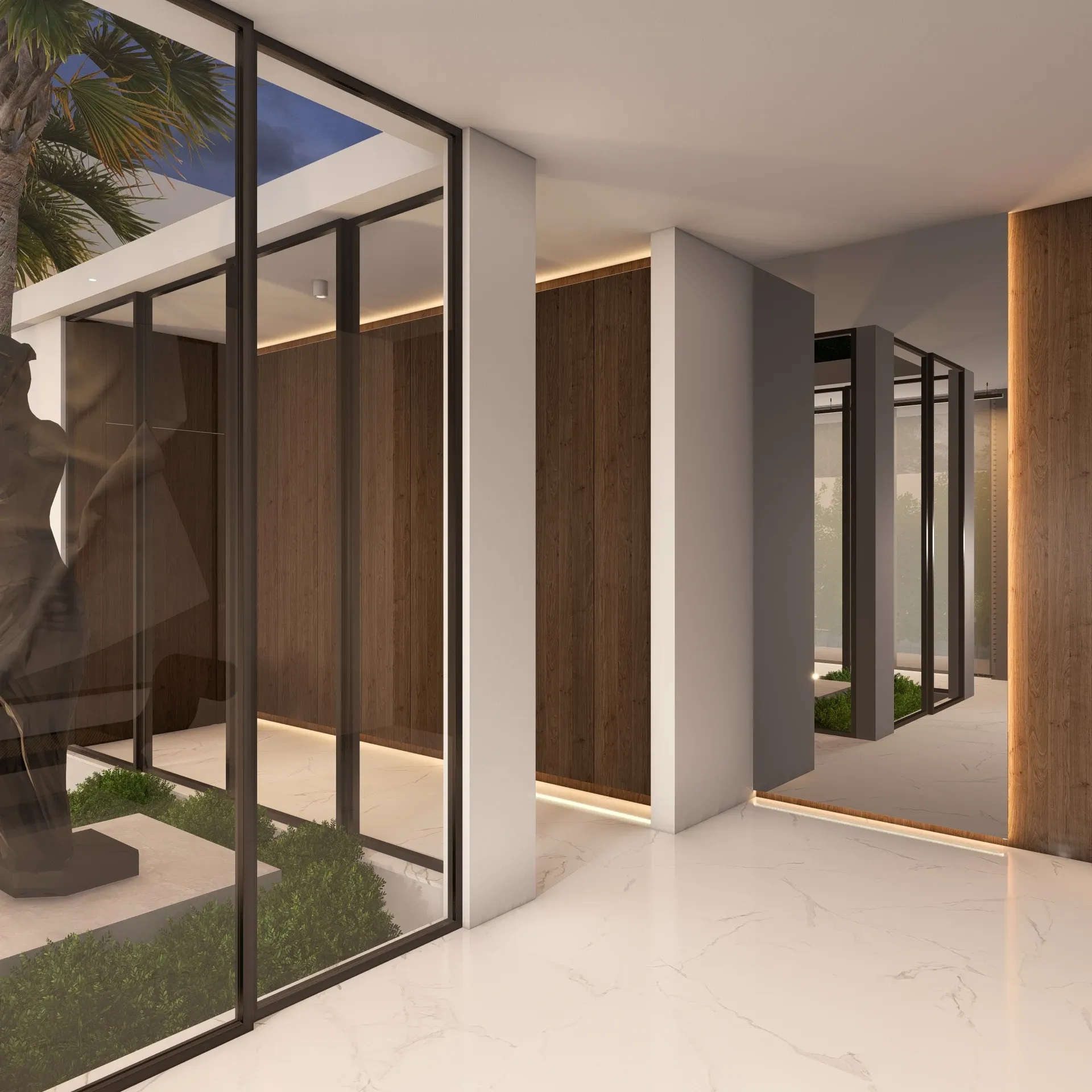 Jardim interno com espécies xerófilas e iluminação zenital