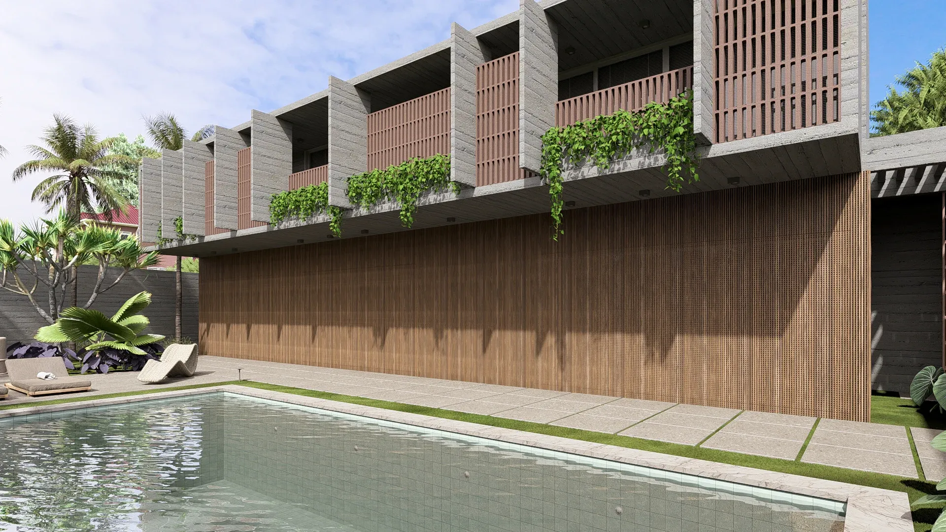 Área externa com piscina em concreto aparente integrada ao lounge