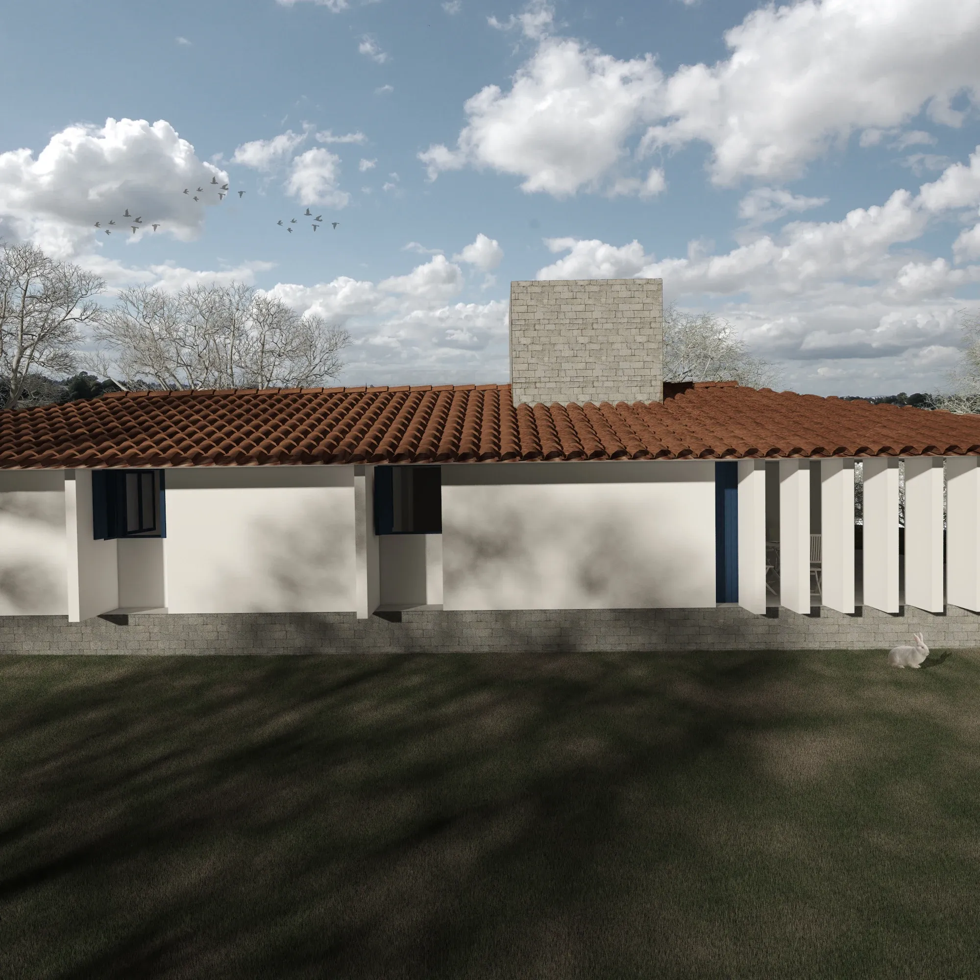 Elevação frontal evidenciando o embasamento em alvenaria de pedra, planos de estuque branco e a modulação da varanda coberta