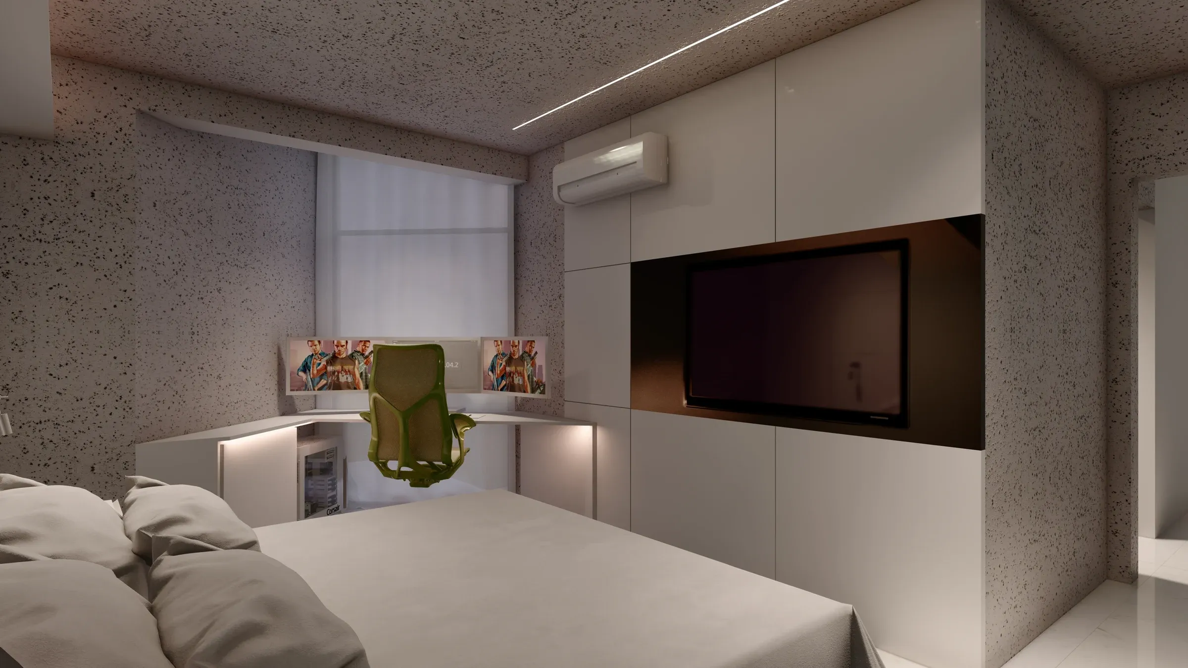 Setup de trabalho e gaming integrado ao quarto com três monitores panorâmicos, gabinete gamer com iluminação interna, bancada em 'L' com fita LED embutida e cama de casal ao fundo