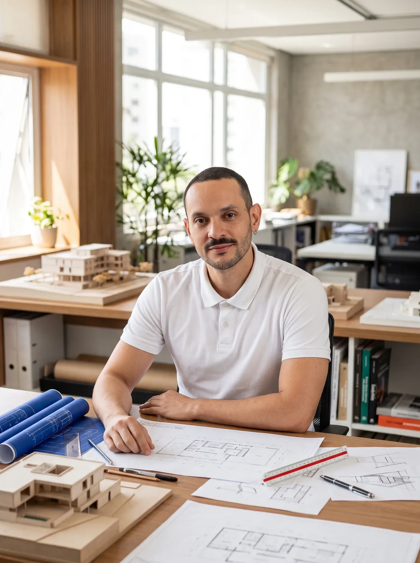 Retrato de Bruno Ícaro, sócio-fundador do Trópikos Arquitetos, à mesa do estúdio