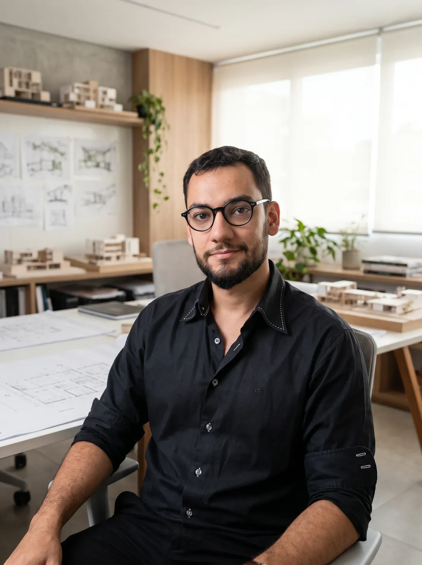 Retrato de Sílvio Melo Jr., sócio-fundador do Trópikos Arquitetos, à mesa do estúdio